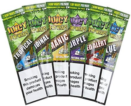6 Pack - Juicy Jay Hemp Wraps - Natural Hemp No Tobacco Wraps - 2 Wraps Per Packet (12 Wraps Total) - Includes - Blue, Purple, Original, Red Alert, Manic, Tropical (Tropical)