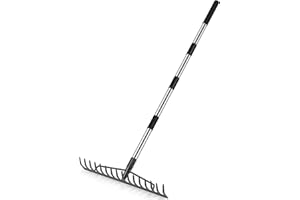 CLUDPARK 5.2FT Garden Rake, 16 Tines Metal Rake with Adjustable Stainless Steel Handle, Bow Rake for Lawns Heavy Duty Loosening Soil Farming Land Management, Gathering Leaf Yard Rake with Gloves