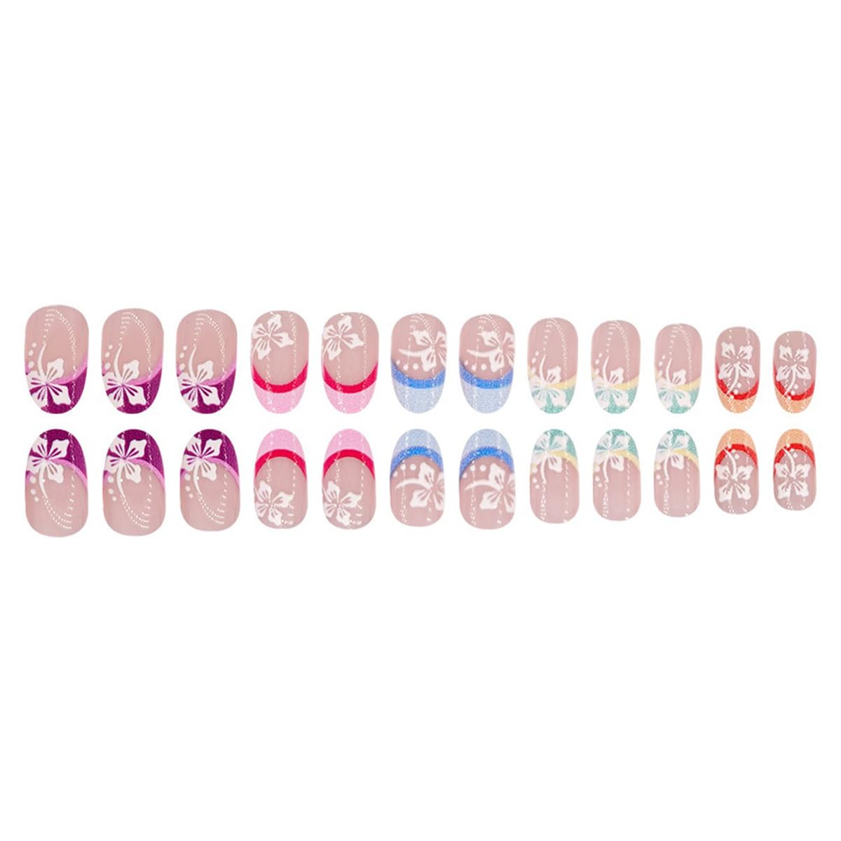 Short Flower Press on Nails Oval Fake Nails Colorful French Tip Acrylic Glue on Nails Spring Summer False Nails with White Floral Designs Glossy Stick on Nails for Women Girls 24 Pcs - Image 4