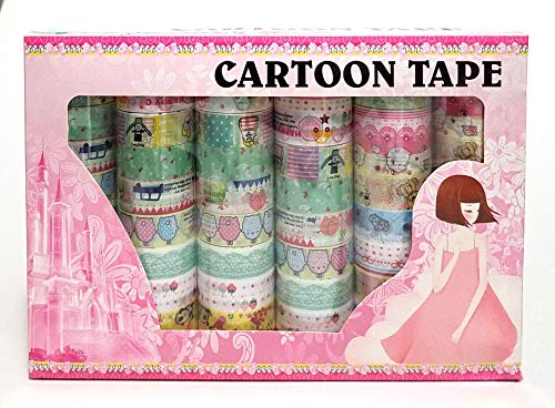 Box of 60 Rolls Cartoon Design Washi Tapes Set,Decorative Masking Washi Tapes Adhesive Scrap Booking Sticker School/Party Supplies DIY Arts Crafts Decoration and Kid Gifts