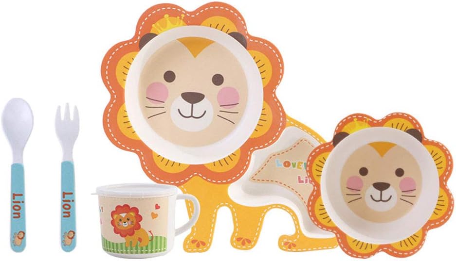 Cartoon Animal Bamboo Fiber Division Dinner Plate Tableware Sets Unbreakable 5pcs Set Plates Bowl Dishes Set Cup Spoon Fork Dinnerware for Toddler Baby Kids (Lion)