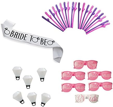 Bachelorette Party Bride To Be Kit by JPK - for Bridal Party, Bachelorette Party, Hen Party - Includes Bride &amp; Bridesmaid Sunglasses, Bride Sash, Cute Straws, Ring Shot Glass (33 items)