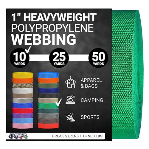Strapworks Heavyweight Polypropylene Webbing - Heavy Duty Poly Strapping for Outdoor DIY Gear Repair, 1 Inch x 10 Yards - Kelly Green