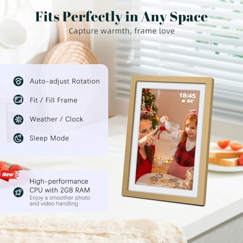 Frameo Digital Picture Frame WiFi Sunset Gold Frame 10.1 Inch Picture Frame with 1280x800 HD IPS Touchscreen, Built-in 32GB, Send Photo Video via Frameo App/USB/SD, Gifts for Women Men