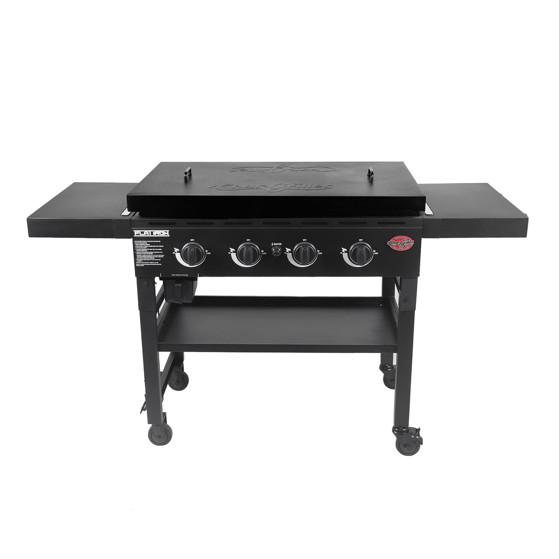 Char-Griller® Flat Iron 4-Burner Propane Gas Flat-Top Griddle with Steel Griddle Top, Wind Guards and Removable Lid, 775 Cooking Square Inches in Black, Model 8036