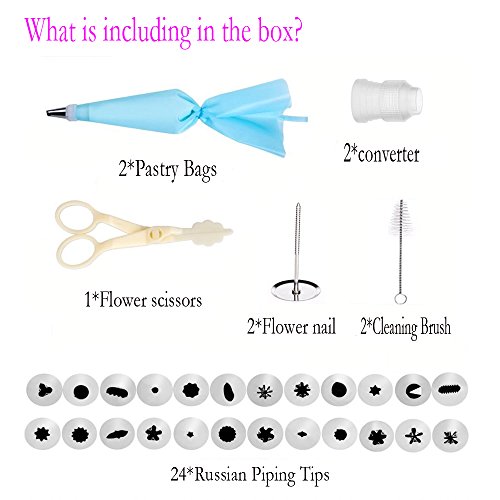 Russian Piping Tips Set，Feleph Cake Decorating Supplies Kit with 24 Easy to Use Icing Nozzles,2 Silicone Pastry Bags, 2 Flower Nails, 2 Reusable Plastic Couplers,2 Clean Brushes with Storage Case - Thumbnail 2