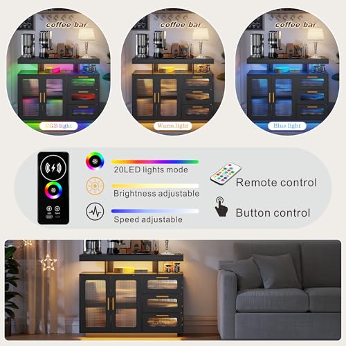 Coffee Bar Cabinet with Storage, Buffet Sideboard with RGB Light, Modern Coffee Bar Table with Charging Station (Black-93007)