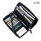 Women RFID Blocking Wallet Genuine Leather Zip Around Clutch Ladies Purse Wristlet (Black Pebble)