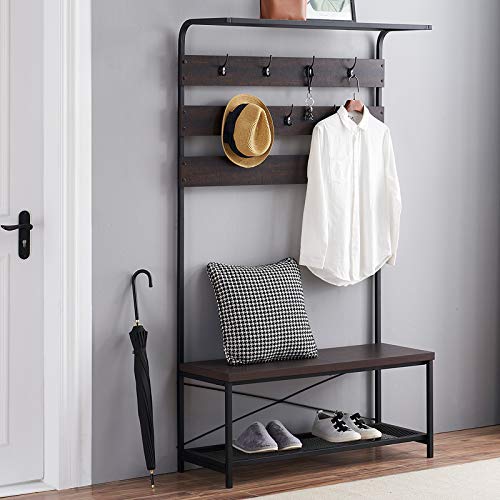 Entryway Coat Rack Bench, Modern Hall Tree with Storage Bench, Wood and