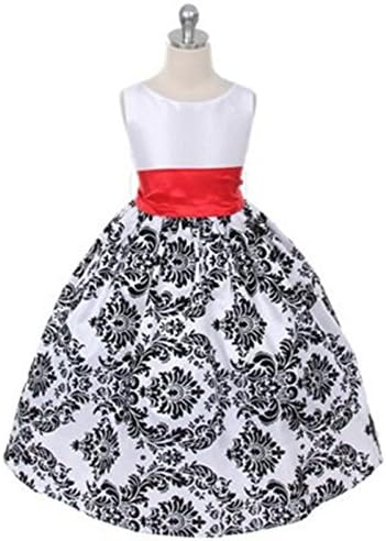 Lovely Girls Dress with Black Velvet Flocked Damask On White Taffeta - Red - Child6-7yrs