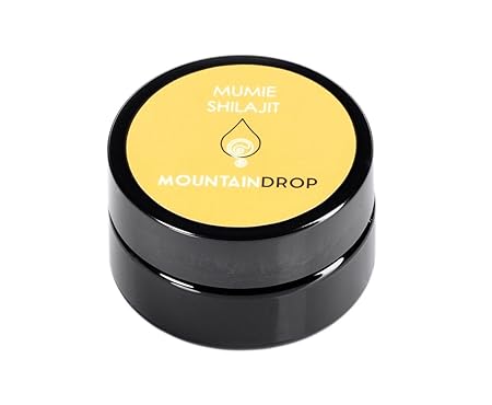 100% naturreines Mumijo Shilajit von Mountaindrop, 40 g, im schützenden violetten Glas. In Handarbeit geerntet und gereinigt.