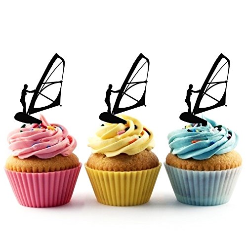 TA0016 Windsurfing Silhouette Party Wedding Birthday Acrylic Cupcake Toppers Decor 10 pcs - Thumbnail 3