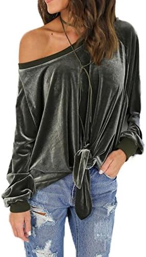 ABD Women's Solid Velvet Shirt Off Shoulder Front Tie Bandage Long Sleeve Knotted Tops Blouse