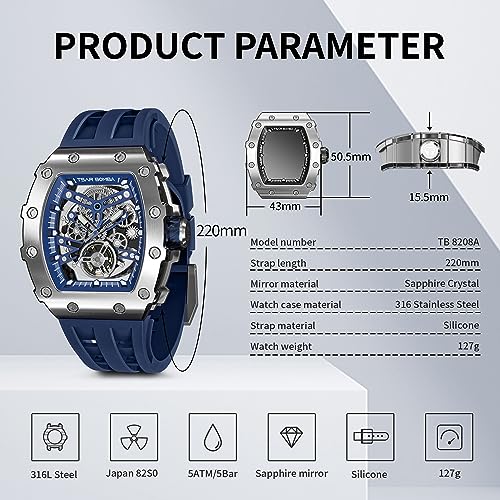 TSAR BOMBA Automatic Tonneau Carbon Fiber Bezel Luxury Mens Watches 50M Waterproof Skeleton Mechanical Stylish Watch for Men Simple Men’s Silver Wrist Watch Cool Unique Watch with Silicone Strap