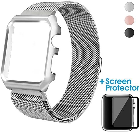 For Apple Watch Band 42mm Silver - Double Electroplating Milanese Loop Stainless Steel Replacement iWatch Band Metal Protective Case with Screen Protector for iWatch Series 1 2 &amp; Sport &amp; Edition