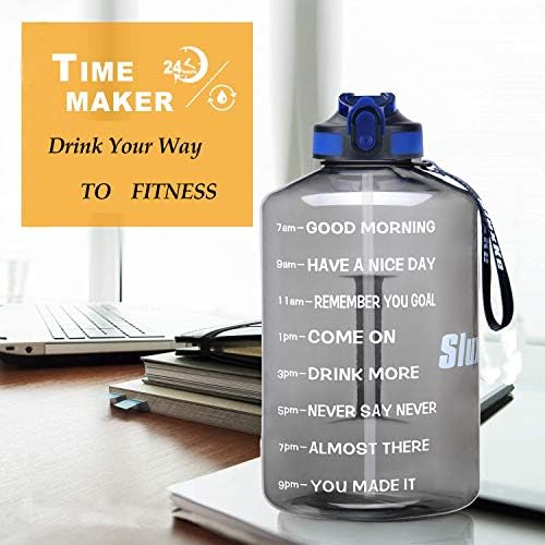 Reusable water bottle with motivational time markings, encouraging hydration throughout the day.