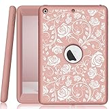 Hocase iPad 9.7 2018/2017 Case Heavy Duty Shockproof Silicone Rubber+Hard Shell Hybrid Protective Case w/ Rose Floral Print for iPad 5th/6th Generation A1893/A1954/A1822/A1823 - Rose Gold Pink