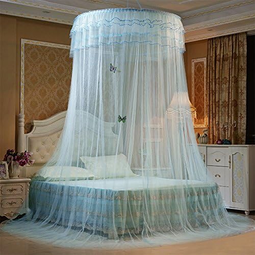 Princess Dream Butterfly Dome Mosquito Net， Round mosquito nets Luxury Princess Pastoral Lace Bed Canopy Net Crib Luminous butterfly (blue)
