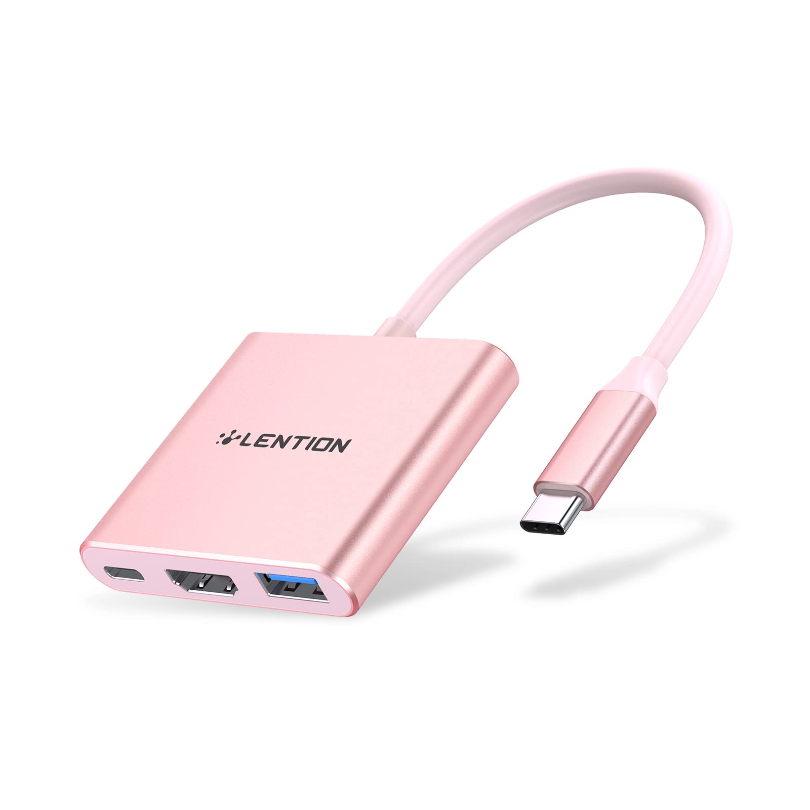 LENTION 3-in-1 USB-C Hub with Type C 100W PD Charging, USB 3.0, HDMI Compatible 2025-2016 MacBook Pro, New Mac Air/Surface, ChromeBook, More, USB C Adapter - Rose Gold (C14)