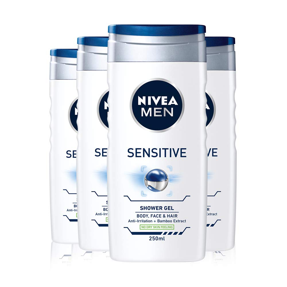 NIVEA MEN Sensitive Shower Gel Alcohol-Free Sensitive Skin Shower Gel, Gentle Shower Gel for Men, Shower Gel for Irritated Skin, 250ml (Pack of 4)