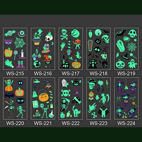 Waterproof Halloween Temporary Tattoo Stickers for kids, Different Designs Glow in the Dark for Children Halloween Party Favor Trick Ghost Monster Pumpkin Tattoos Party Decorations, 10 Sheets