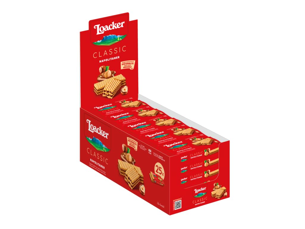 Loacker - Classic Napolitaner - Klassische Waffeln mit zwei Schichten zarter Haselnuss-Creme aus 100 % italienischen Haselnüssen in der Großpackung - Essen und Snacks 25 Stk á 45 g