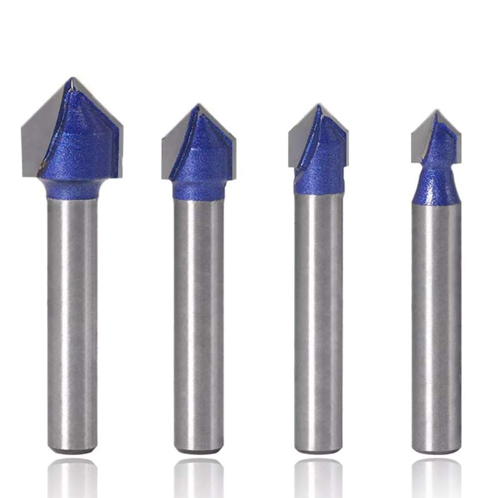 Mesee 4 Pieces 90 Degree V Groove Router Bit Set, Industrial Grade 1/4-Inch Shank V Grooving Bits CNC Engraving Bits Woodworking Milling Cutter Tool