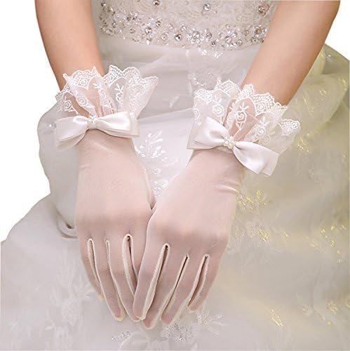 Pretydress Women Glove Lace Edge Pearl Bow for Wedding Party
