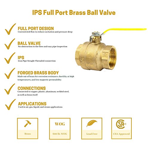 2-1/2" Brass Ball Valve Threaded - IPS Full Port Irrigation Water Valves - Mechanical Lead Free Lever Handle 2 1/2-Inch Female Thread Inline Steam Oil 600 WOG Supplies Hot Cold Pipes CSA ApprovedF