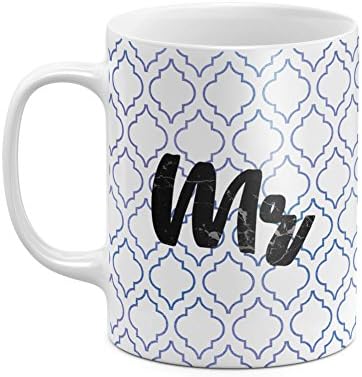 Mr. Blue Ornamented Moroccan Tilles Mug For Couples White Heat Resistant Ceramic Tea Coffee Mug - 11oz