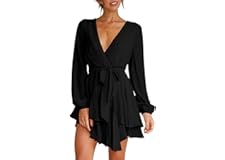 Cosonsen Women's Dress Deep V-Neck Long Sleeve Waist Tie Ruffle Mini Swing Skater Dresses