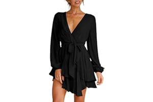 Cosonsen Women's Dress Deep V-Neck Long Sleeve Waist Tie Ruffle Mini Swing Skater Dresses