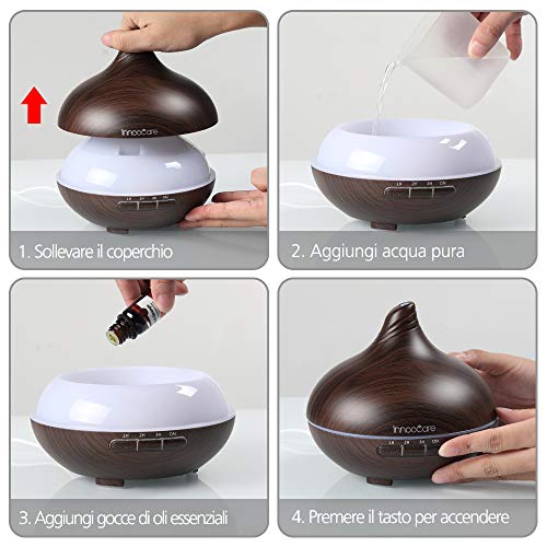 Diffusore di Aromi 300ml InnooCare Umidificatore a Ultrasuoni per Aromaterapia con Venature in Legno con 7 LED Colorati per Casa, Yoga, Ufficio (Tipo 1)