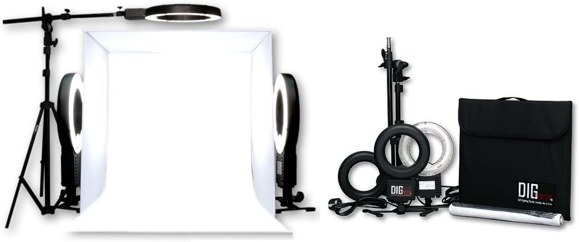 DigPro 60cm Lighting Studio Cube with 3 x 28W Photographic Studio Ring light Kit (5400K 90+ CRI Lamp Power 180W EQ) with Boom/Stands