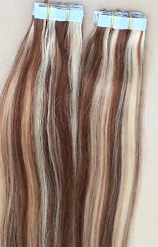18 inches 100grs,40pcs, 100% Highlighted Human Tape In Hair Extensions #4/613 Dark Brown with Platinum Blonde