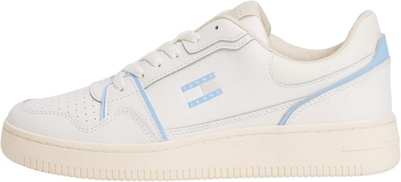 Cupsole Sneaker Mujer Retro Basket Low Top, Blanco (Ecru/Light Blue), 42