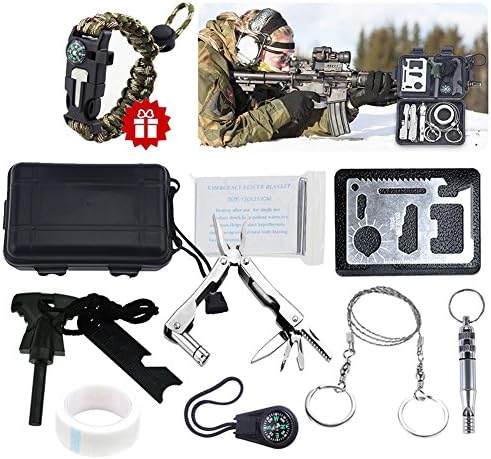 Survival Kit Outdoor Emergency Gear Kit for Camping Hiking Travelling or Adventures+Survival Bracelet (Black-Multifunctional Flashlight Pliers)