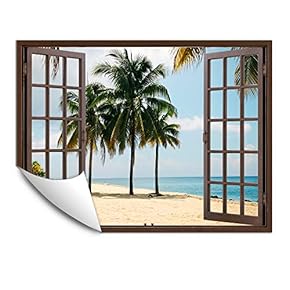Wall Murals for Bedroom Fake Window Beach Brown Window Removable Wallpaper Peel and Stick Wall Stickers - 24x32 inches