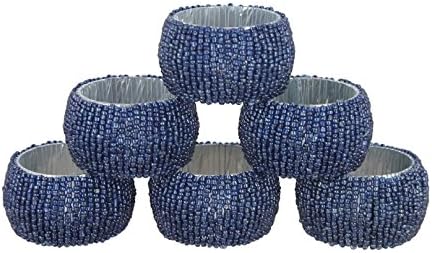 Beaded Napkin Rings Set of 6 Blue Table Decorative Ornaments