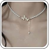 Iaceble Boho pearl Y lariat Necklace Gold Pearl Choker Necklace crystal Butterfly Necklace Chain Pearl Y Drop Chain Jewelry for Women
