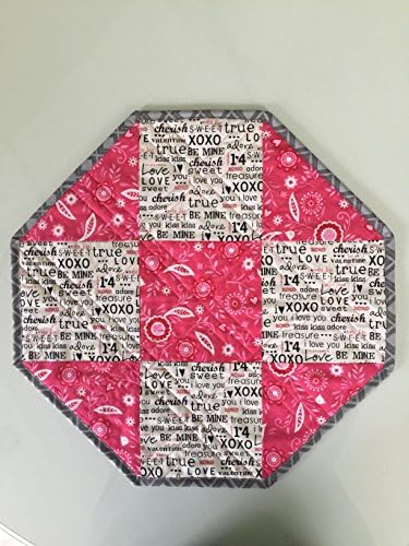 Valentines Day Quilted Pink Flowers Words Octagon Table Topper Candle Mat