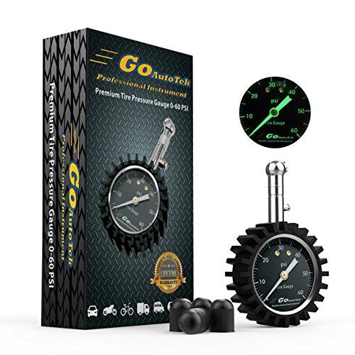 GoAutoTek USA Tire Pressure Gauge 60 PSI with bleeder and 4 free tire tek Valve Caps - Certified Accurate for Any Car