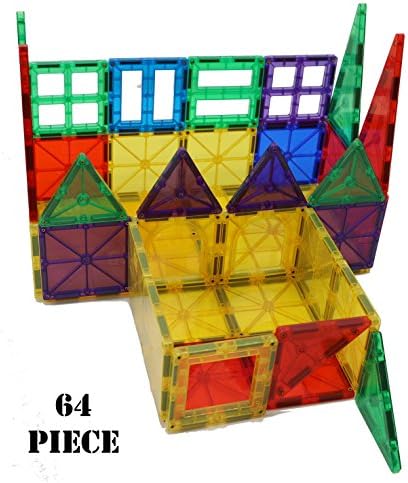 Yarrdee Magnetic Building Tiles - 64 Pieces Total, Includes 1 Cart - 100% Compatible With Other Brands