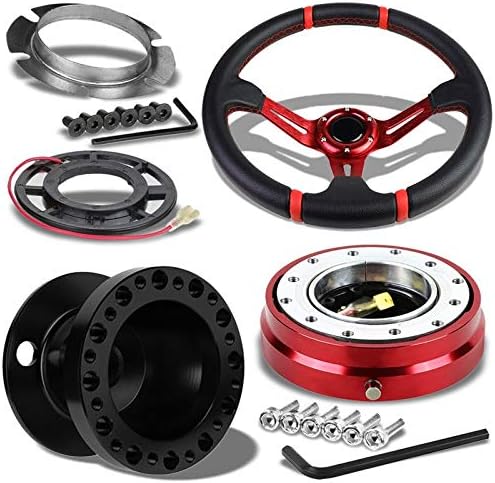 Red Slit Holes Spoke 3.5" Deep Dish Steering Wheel U043+Black Hub+Red Quick Release Works with Acura 94-01 Integra/Honda 92-95 Civic/93-97 Del Sol