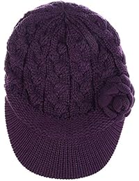 Womens Winter Elegant Cable Flower Knitted Newsboy Cabbie Cap Beret Beanie Hat with Visor, Warm Plush Fleece Lined