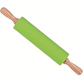 Silicone Rolling Pin, Green 9 Inch Pin with Wooden Rotatable Handle for Dough of Baking Bread, Cookie, Pizza (green, 9 inch)
