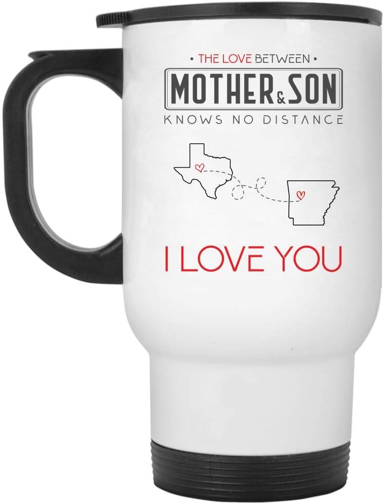 Long Distance Mom - The Love Between Mother & Son Knows No Distance Texas State And Arkansas State I Love Mommy! - 14oz Insulated Travel Mug with Lid