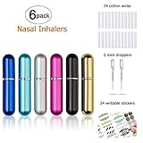 Nasal Inhalers for Essential Oils and Aromatherapy, Reusable Blank Aluminum Nasal Inhaler Tubes,with 2 Mini droppers 24 Cotton Wicks and 24 Writable Stickers, 6 PACK