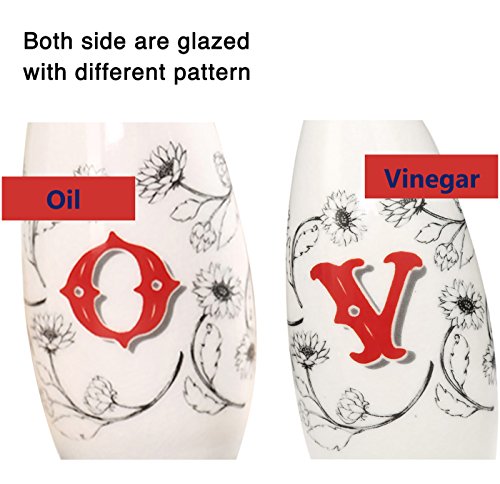 Olive Oil Bottle Set Ceramic Dispenser Porcelain Vinegar Cruet 9oz. with Stainless Steel Leak Proof Pourer Spout for Cooking or Salad Dressing by CEDAR HOME, 2 Pack, Farmer Market