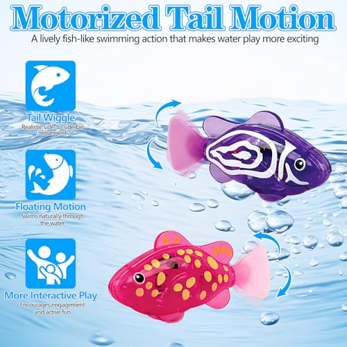 AM ANNA Magic Swimming Fish Toy Water-Activated Robotic, Glowing Light-Up Fish Interactive, 4PCS Pink Yellow Purple Orange with Seaweed, Floating Wagging Tail for Bathtub Pool Cat (4 Fish)